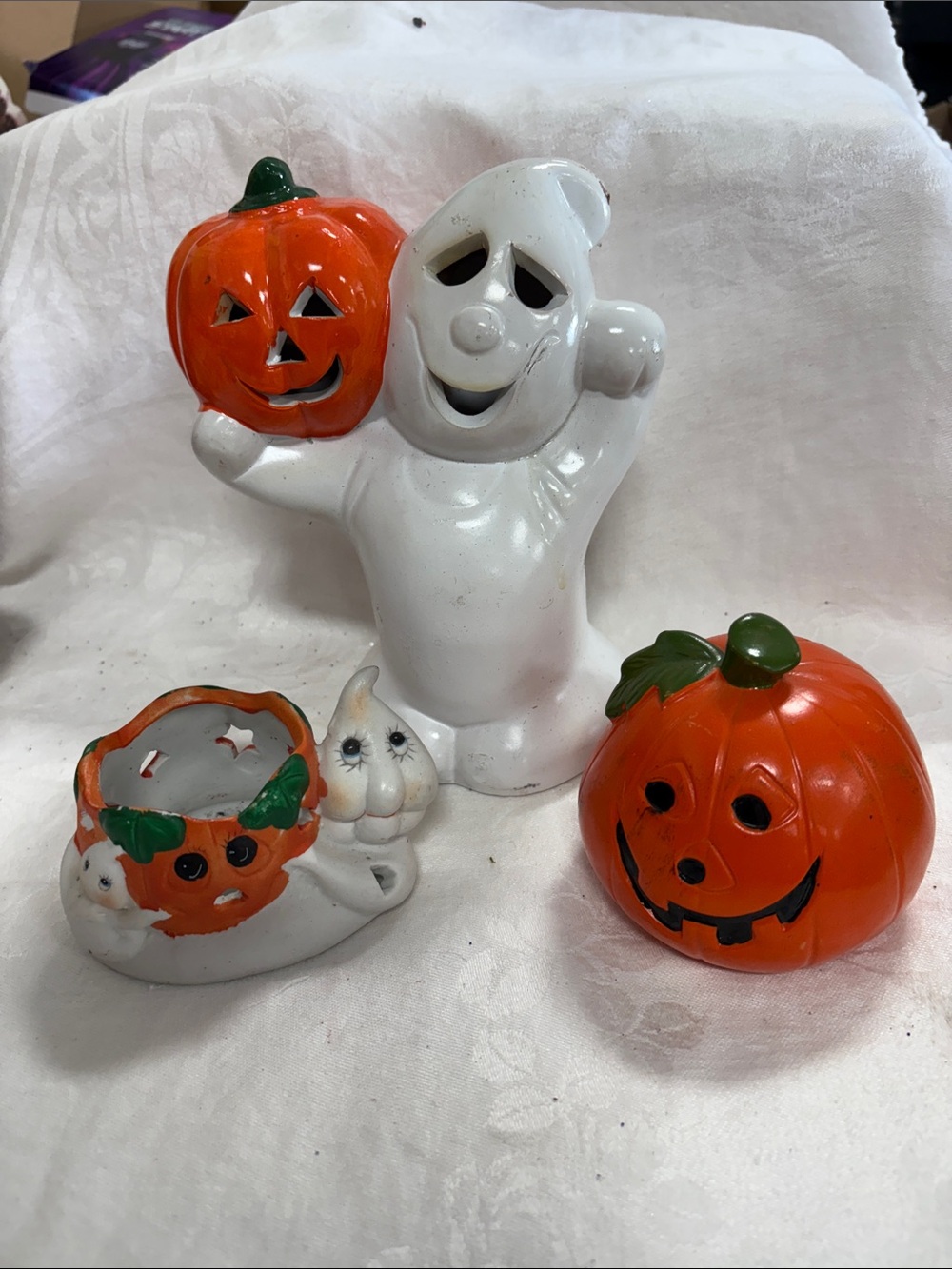 Vintage ceramic Ghost, candle holders and pumpkin